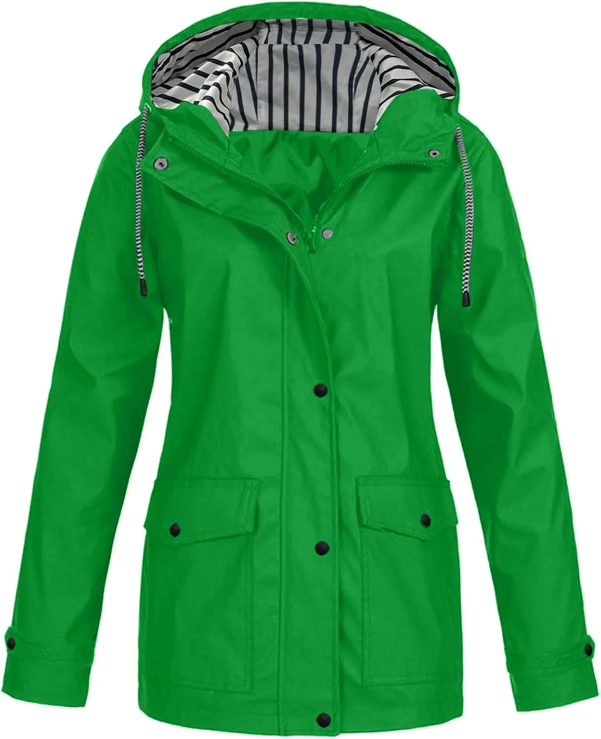 Womens Fashion Hooded Rain Jacket 2024 Lightweight Trench Coat Long Sleeve Windbreaker Zip Up Drawstring Raincoat