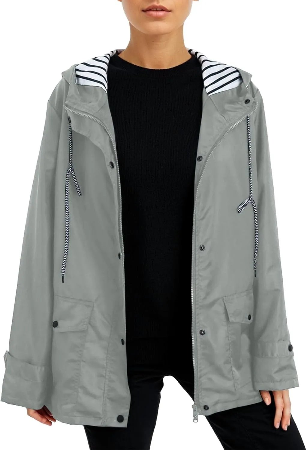 Womens Fashion Hooded Rain Jacket 2024 Lightweight Trench Coat Long Sleeve Windbreaker Zip Up Drawstring Raincoat