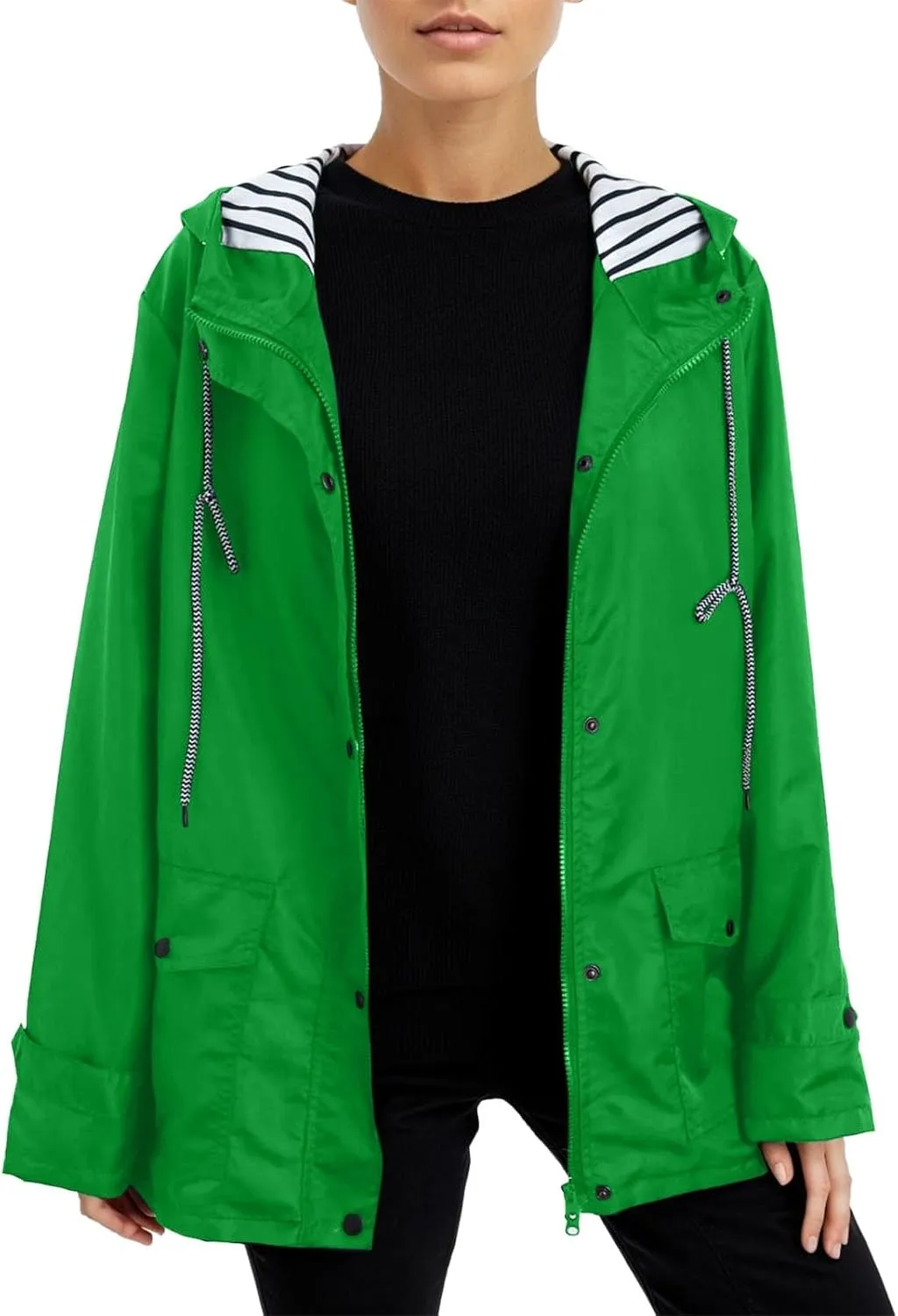 Womens Fashion Hooded Rain Jacket 2024 Lightweight Trench Coat Long Sleeve Windbreaker Zip Up Drawstring Raincoat