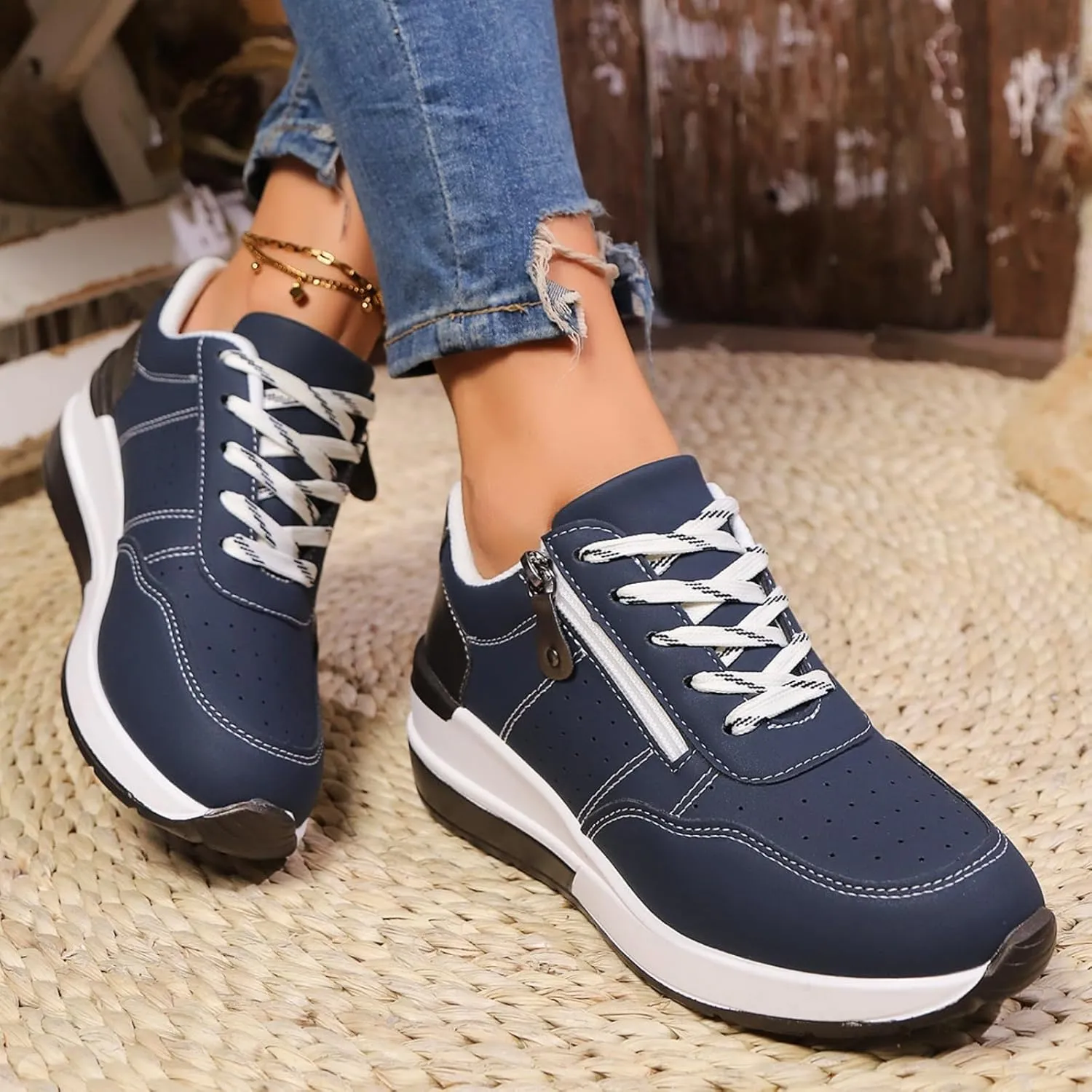 Womens Fashion Sneakers Non Slip Lightweight Low Top Lace Up Casual Tennis Sneakers with Arch Support Side Zipper Thick Sole Shoes Breathable Comfortable Walking Running Shoes Easy Slip On and Off