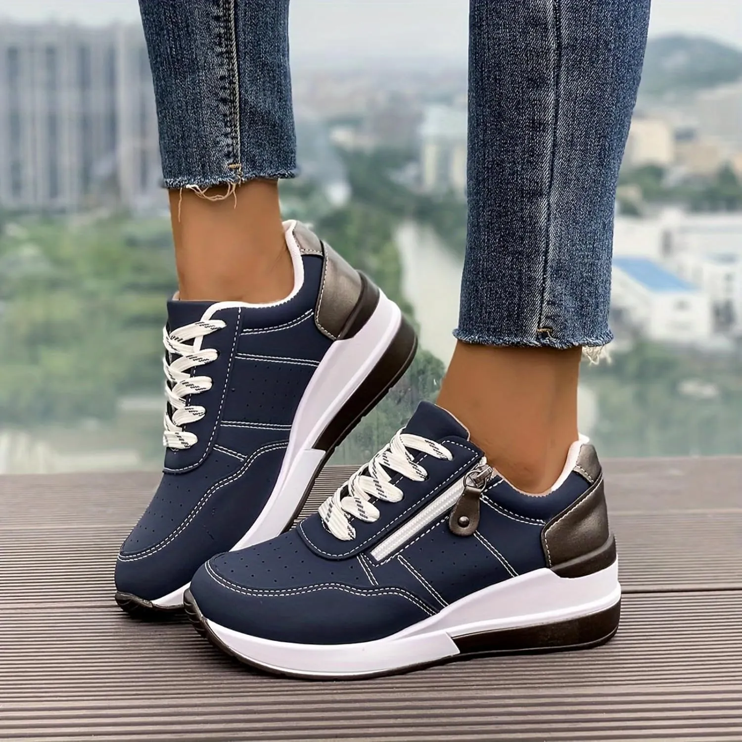 Womens Fashion Sneakers Non Slip Lightweight Low Top Lace Up Casual Tennis Sneakers with Arch Support Side Zipper Thick Sole Shoes Breathable Comfortable Walking Running Shoes Easy Slip On and Off