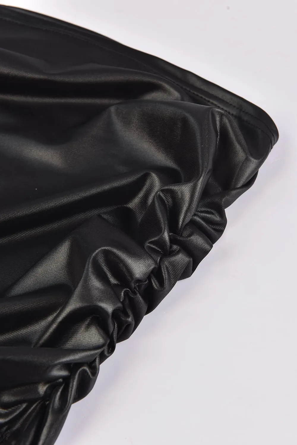 Women's Faux Leather Strapless Top, Ruched Bandeau Style, Black