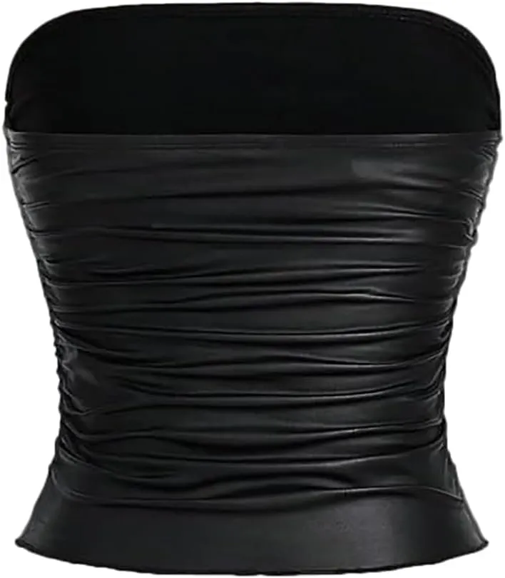 Women's Faux Leather Strapless Top, Ruched Bandeau Style, Black