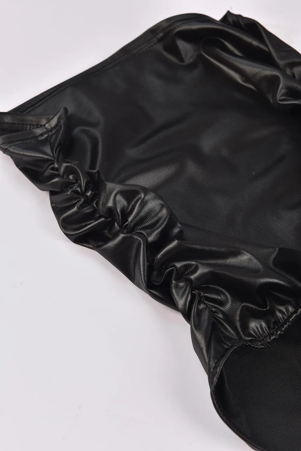 Women's Faux Leather Strapless Top, Ruched Bandeau Style, Black