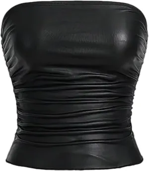 Women's Faux Leather Strapless Top, Ruched Bandeau Style, Black