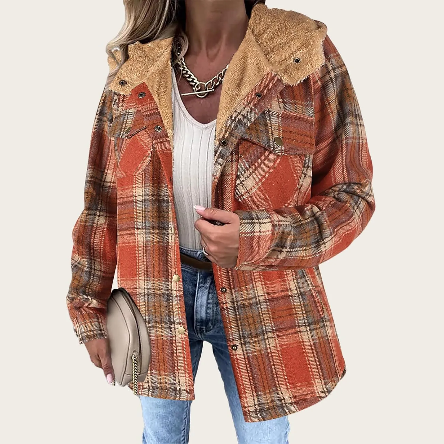 Womens Fleece Lined Jacket Flannel Plaid Shacket Casual Long Sleeve Button Down Hooded Jackets Fuzzy Warm Hoodies