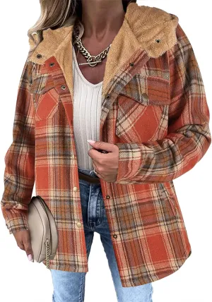 Womens Fleece Lined Jacket Flannel Plaid Shacket Casual Long Sleeve Button Down Hooded Jackets Fuzzy Warm Hoodies