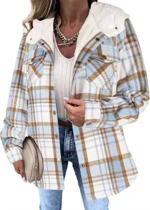 Womens Fleece Lined Jacket Flannel Plaid Shacket Casual Long Sleeve Button Down Hooded Jackets Fuzzy Warm Hoodies