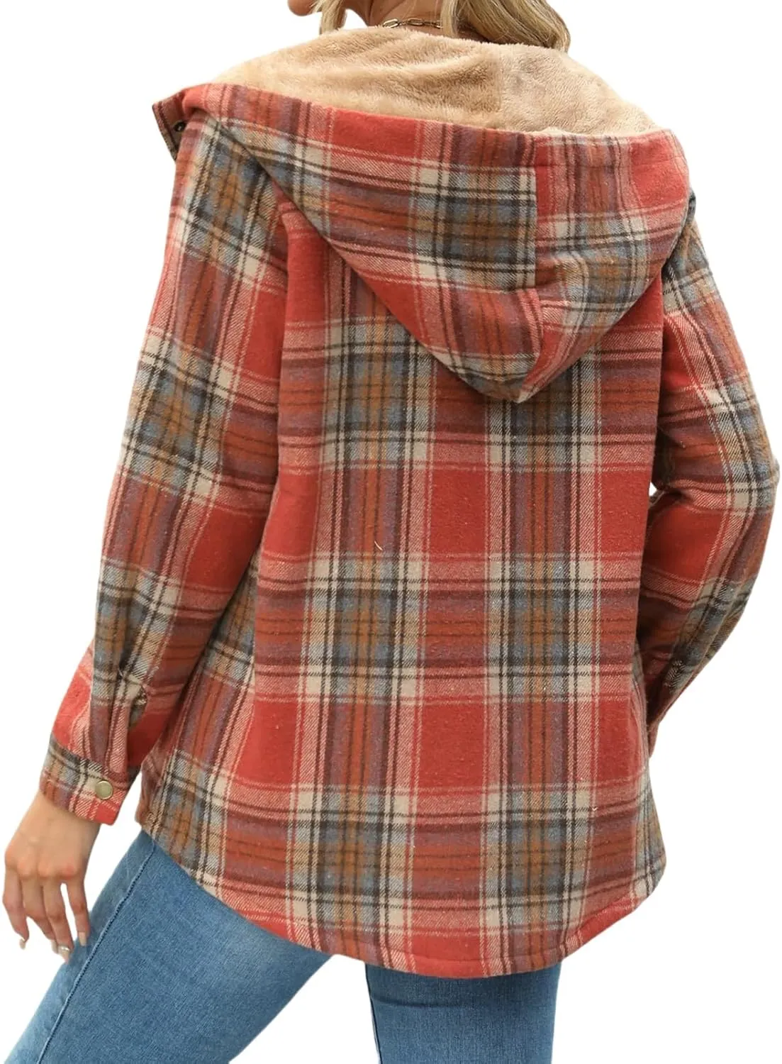 Womens Fleece Lined Jacket Flannel Plaid Shacket Casual Long Sleeve Button Down Hooded Jackets Fuzzy Warm Hoodies