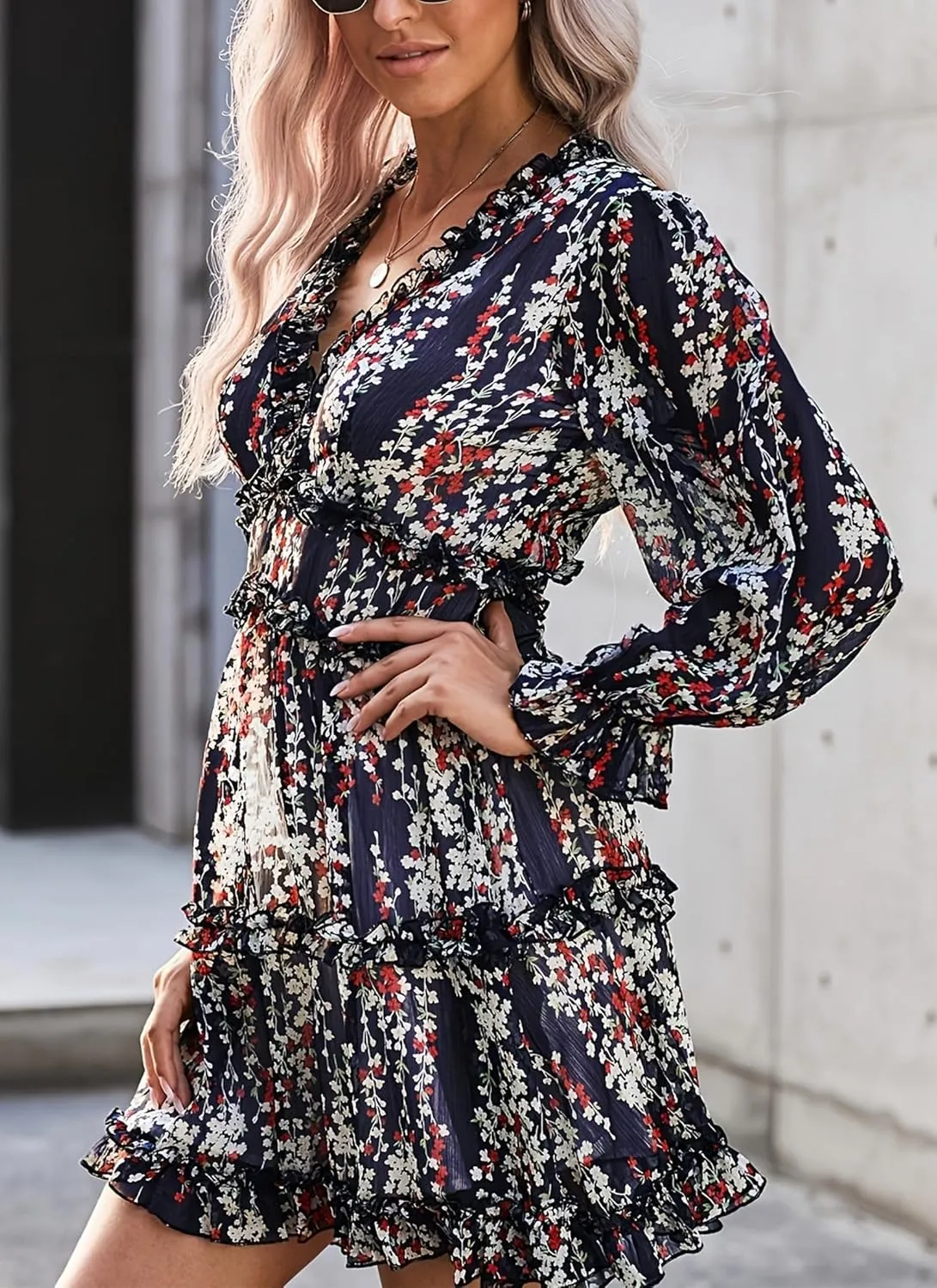Women's Floral Deep V Neck Long Sleeve Backless Flowy A-Line Ruffle Boho Mini Dress 2025 Spring Summer Dresses
