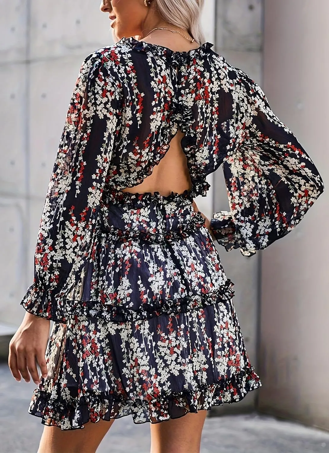 Women's Floral Deep V Neck Long Sleeve Backless Flowy A-Line Ruffle Boho Mini Dress 2025 Spring Summer Dresses