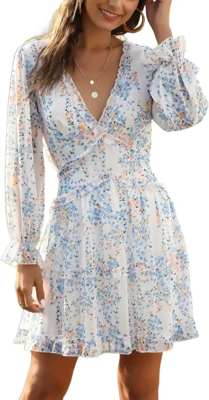 Women's Floral Deep V Neck Long Sleeve Backless Flowy A-Line Ruffle Boho Mini Dress 2025 Spring Summer Dresses