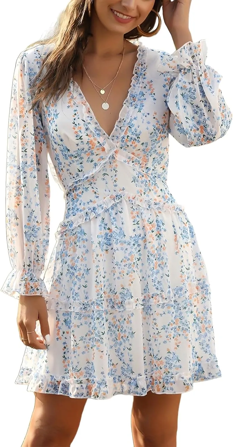 Women's Floral Deep V Neck Long Sleeve Backless Flowy A-Line Ruffle Boho Mini Dress 2025 Spring Summer Dresses