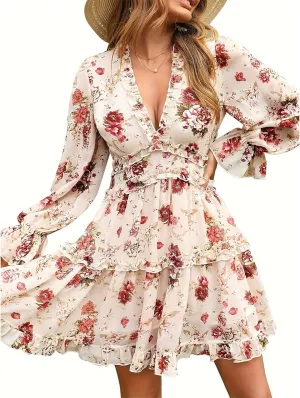 Women's Floral Deep V Neck Long Sleeve Backless Flowy A-Line Ruffle Boho Mini Dress 2025 Spring Summer Dresses
