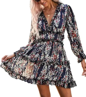 Women's Floral Deep V Neck Long Sleeve Backless Flowy A-Line Ruffle Boho Mini Dress 2025 Spring Summer Dresses