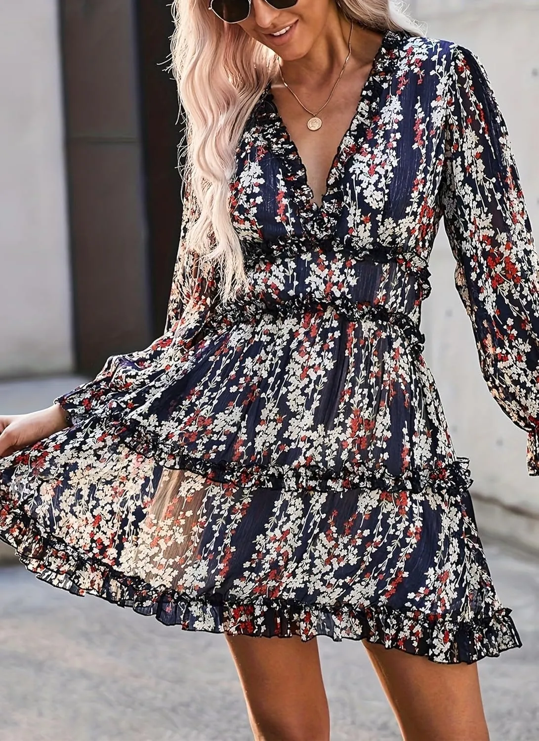 Women's Floral Deep V Neck Long Sleeve Backless Flowy A-Line Ruffle Boho Mini Dress 2025 Spring Summer Dresses