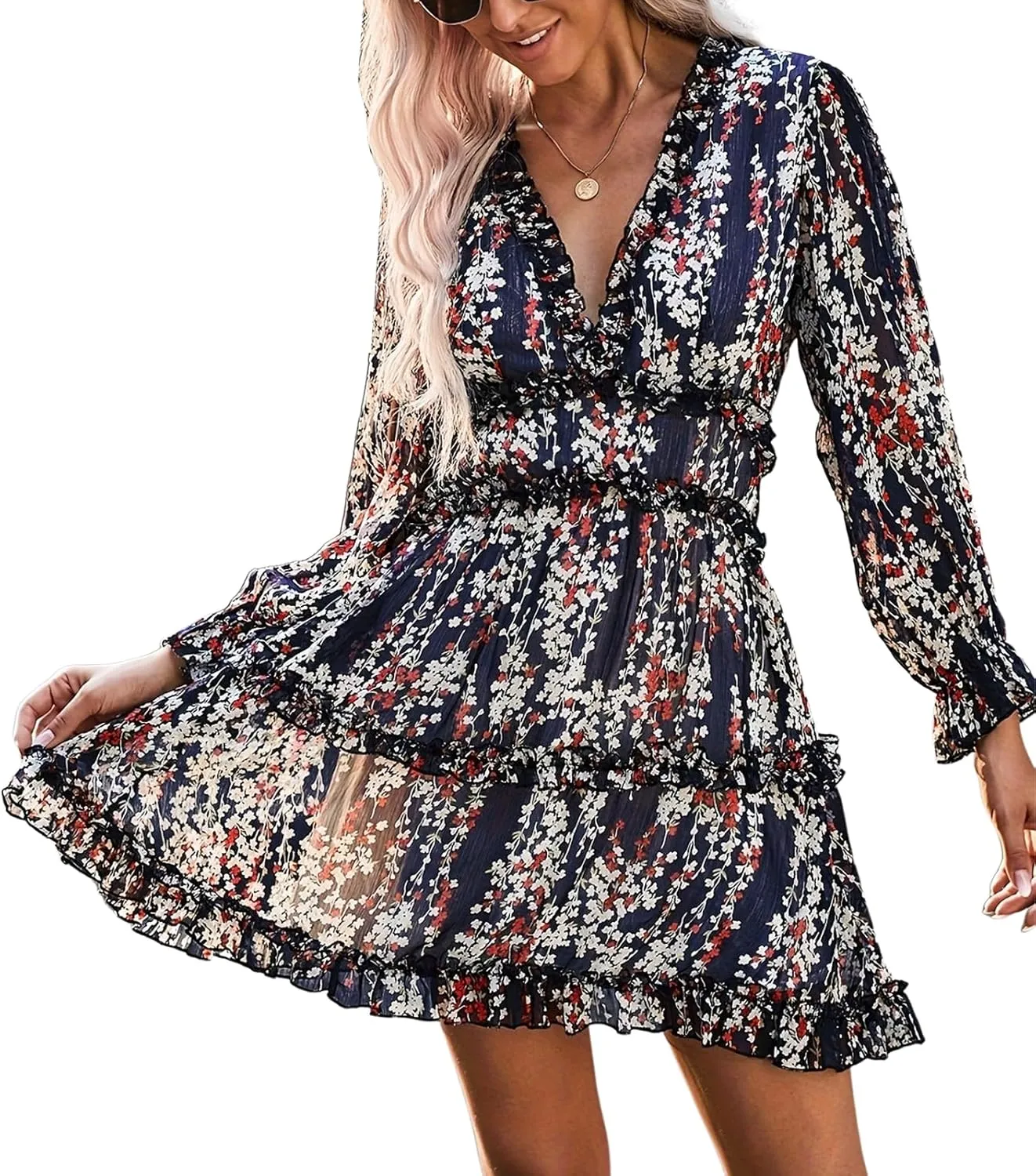 Women's Floral Deep V Neck Long Sleeve Backless Flowy A-Line Ruffle Boho Mini Dress 2025 Spring Summer Dresses