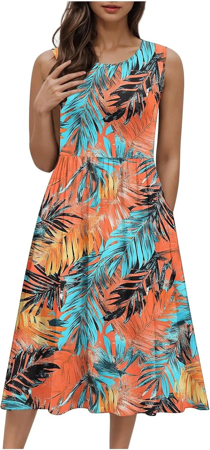 Women's Floral Print Beach Sundress Summer Casual Loose Sleeveless A Line Dress Round Neck Beach Flowy Maxi Dress