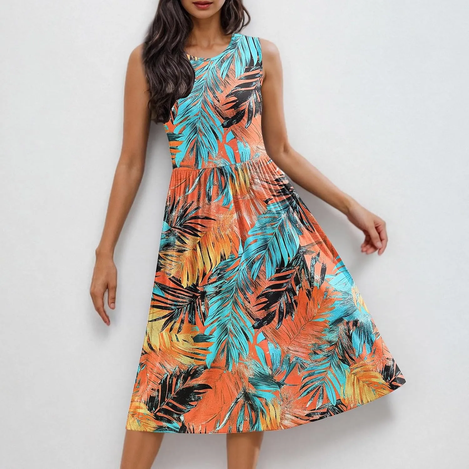 Women's Floral Print Beach Sundress Summer Casual Loose Sleeveless A Line Dress Round Neck Beach Flowy Maxi Dress