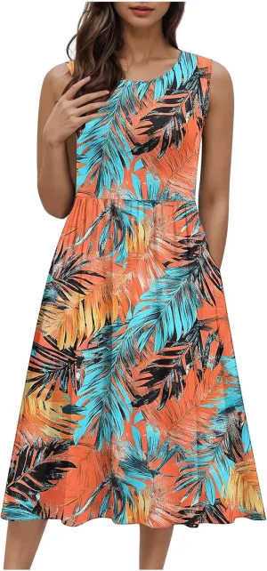 Women's Floral Print Beach Sundress Summer Casual Loose Sleeveless A Line Dress Round Neck Beach Flowy Maxi Dress