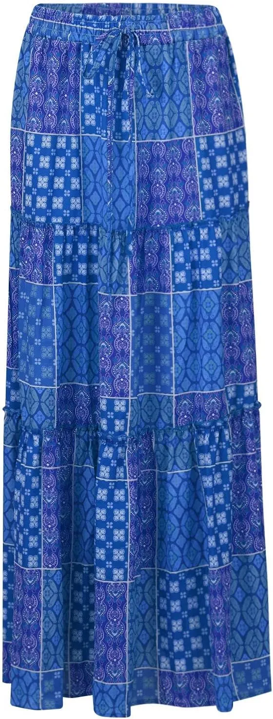 Womens Floral Print Boho Maxi Skirt Casual Elastic High Waist Pleated Ruffle Flowy Beach Long Maxi Skirts with Pockets