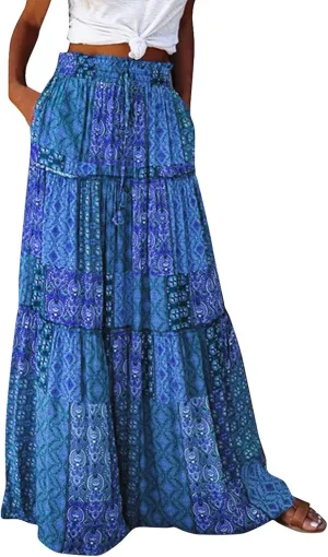 Womens Floral Print Boho Maxi Skirt Casual Elastic High Waist Pleated Ruffle Flowy Beach Long Maxi Skirts with Pockets