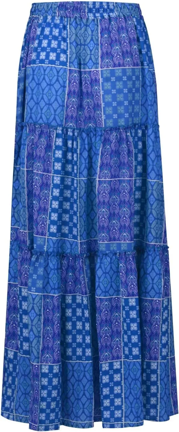 Womens Floral Print Boho Maxi Skirt Casual Elastic High Waist Pleated Ruffle Flowy Beach Long Maxi Skirts with Pockets