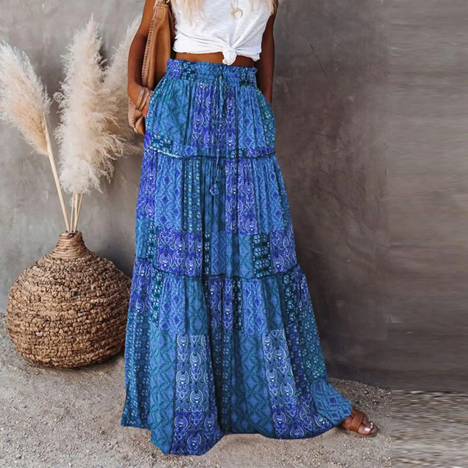 Womens Floral Print Boho Maxi Skirt Casual Elastic High Waist Pleated Ruffle Flowy Beach Long Maxi Skirts with Pockets