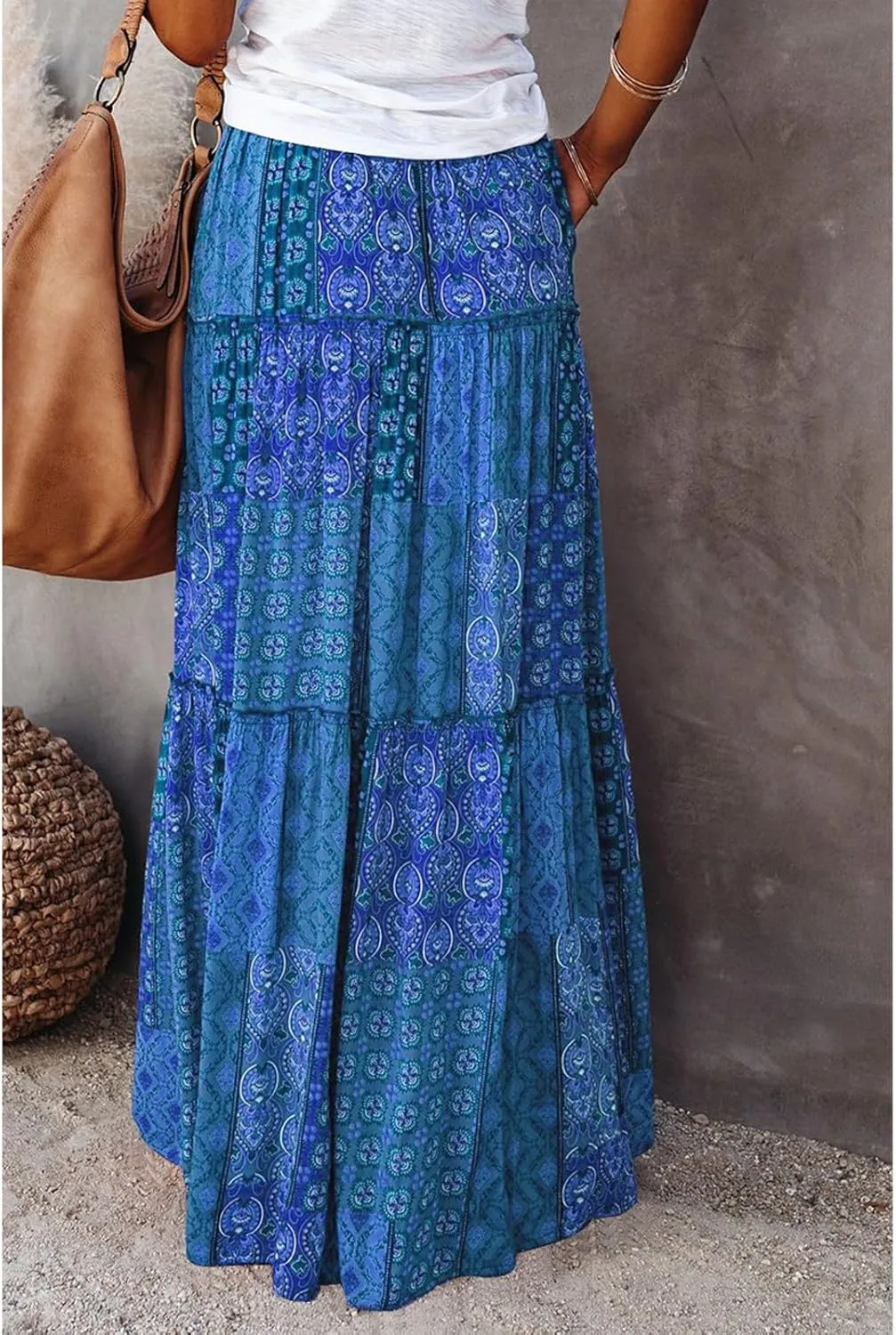 Womens Floral Print Boho Maxi Skirt Casual Elastic High Waist Pleated Ruffle Flowy Beach Long Maxi Skirts with Pockets