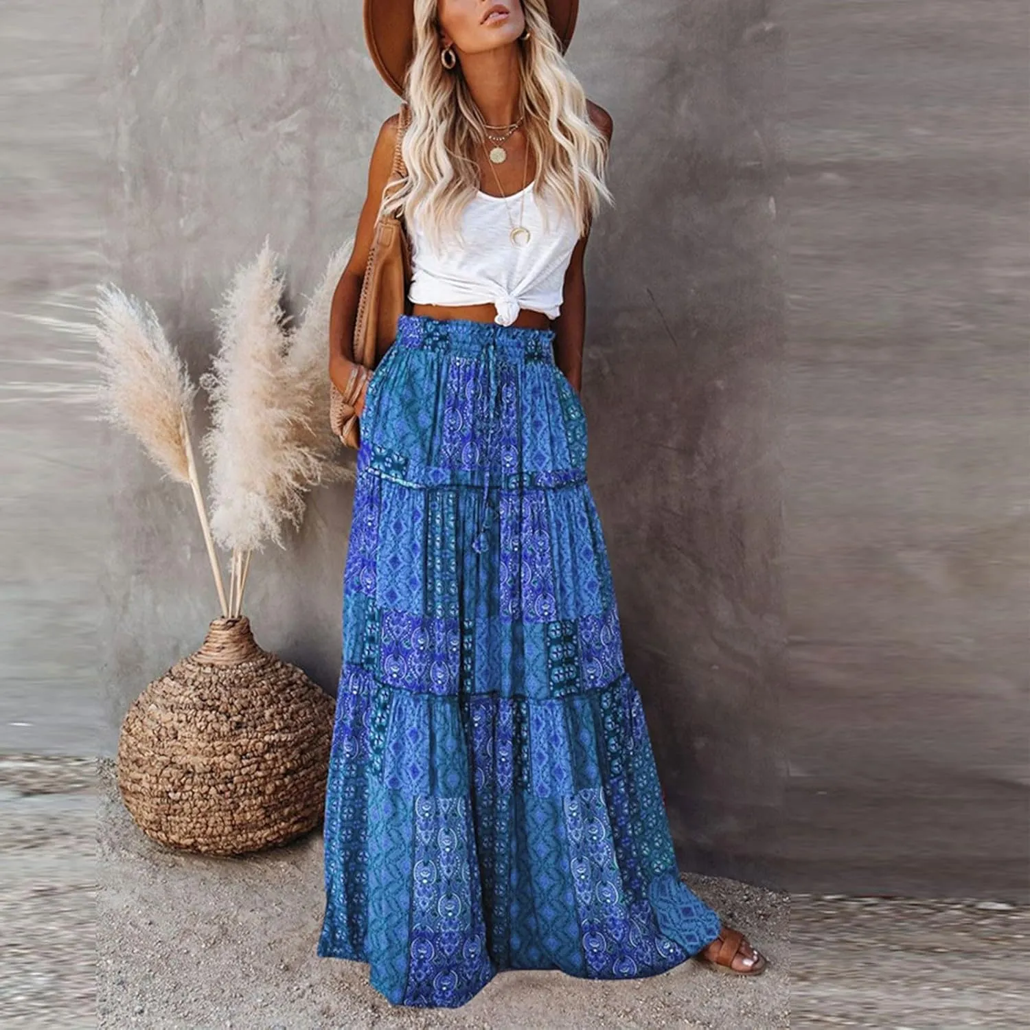 Womens Floral Print Boho Maxi Skirt Casual Elastic High Waist Pleated Ruffle Flowy Beach Long Maxi Skirts with Pockets