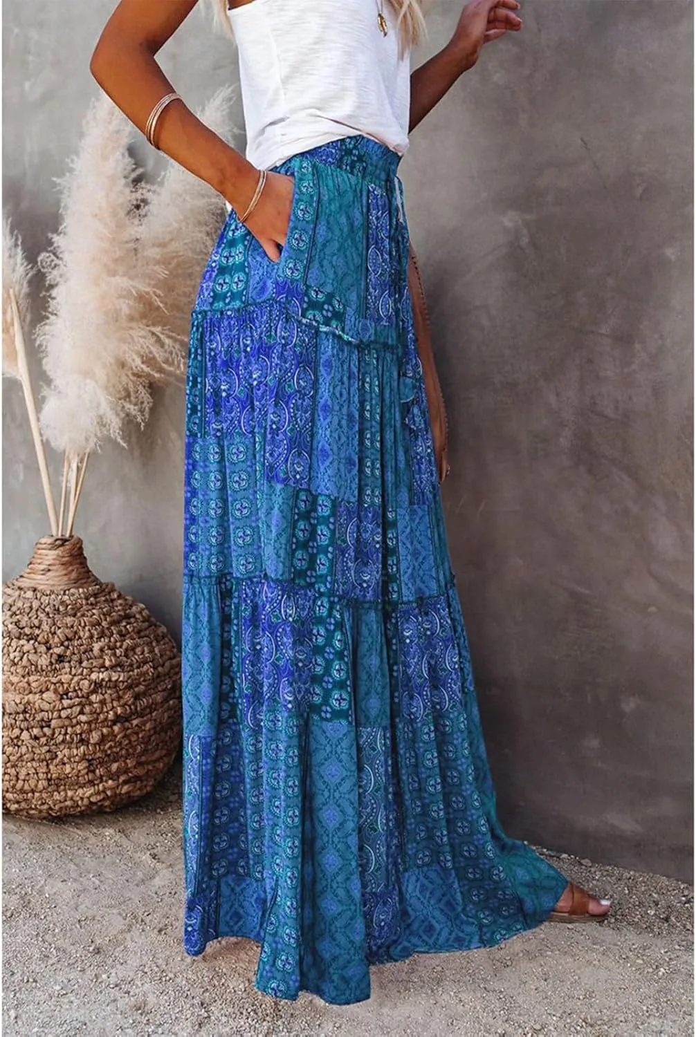 Womens Floral Print Boho Maxi Skirt Casual Elastic High Waist Pleated Ruffle Flowy Beach Long Maxi Skirts with Pockets
