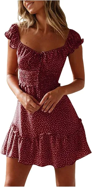 Women's Floral Smocked Tiered Ruffle Dress Pleated High Waist Sweetheart Neckline Mini Dresses Short Sundress