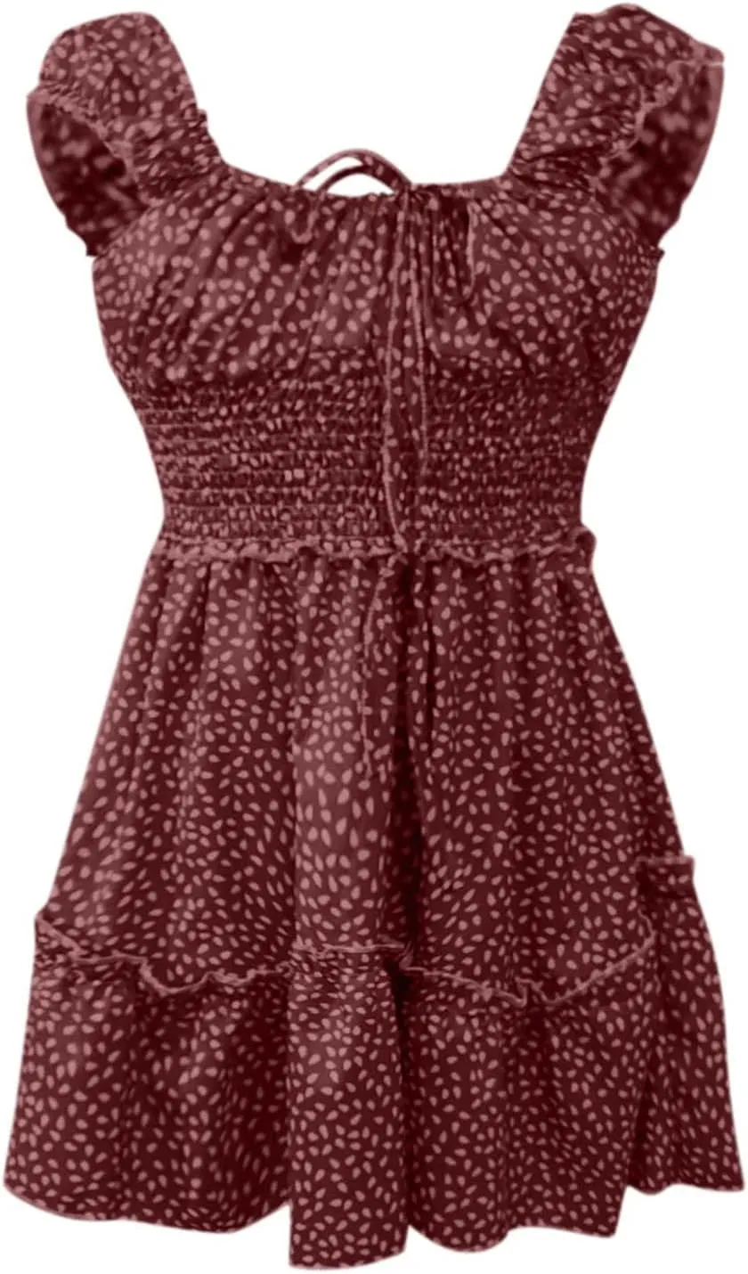 Women's Floral Smocked Tiered Ruffle Dress Pleated High Waist Sweetheart Neckline Mini Dresses Short Sundress