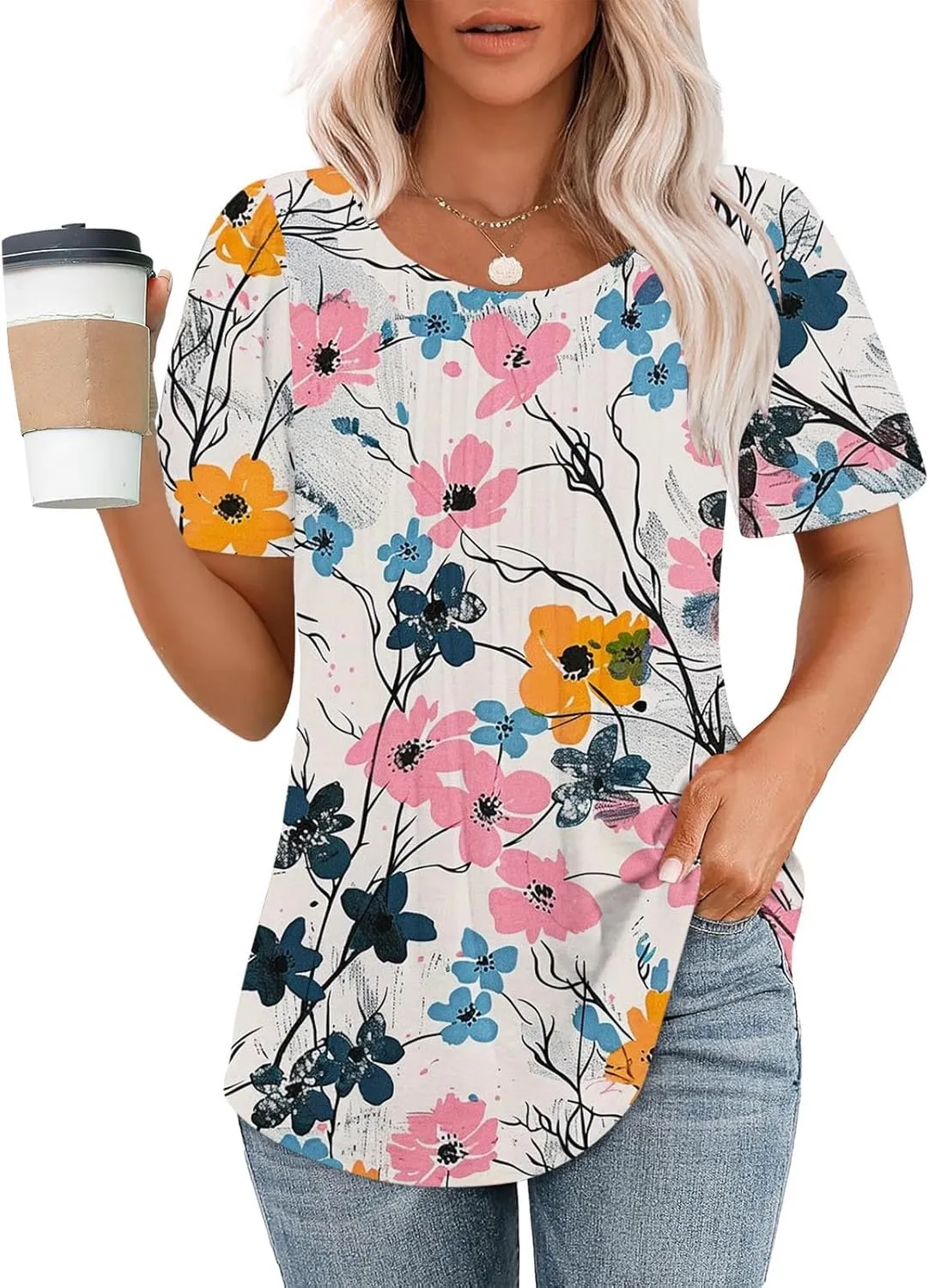 Womens Floral Tops Dressy Casual Pleated Flowy Tunic Tops Plus Size Crew Neck Tops Summer Oversized Shirts Blouse