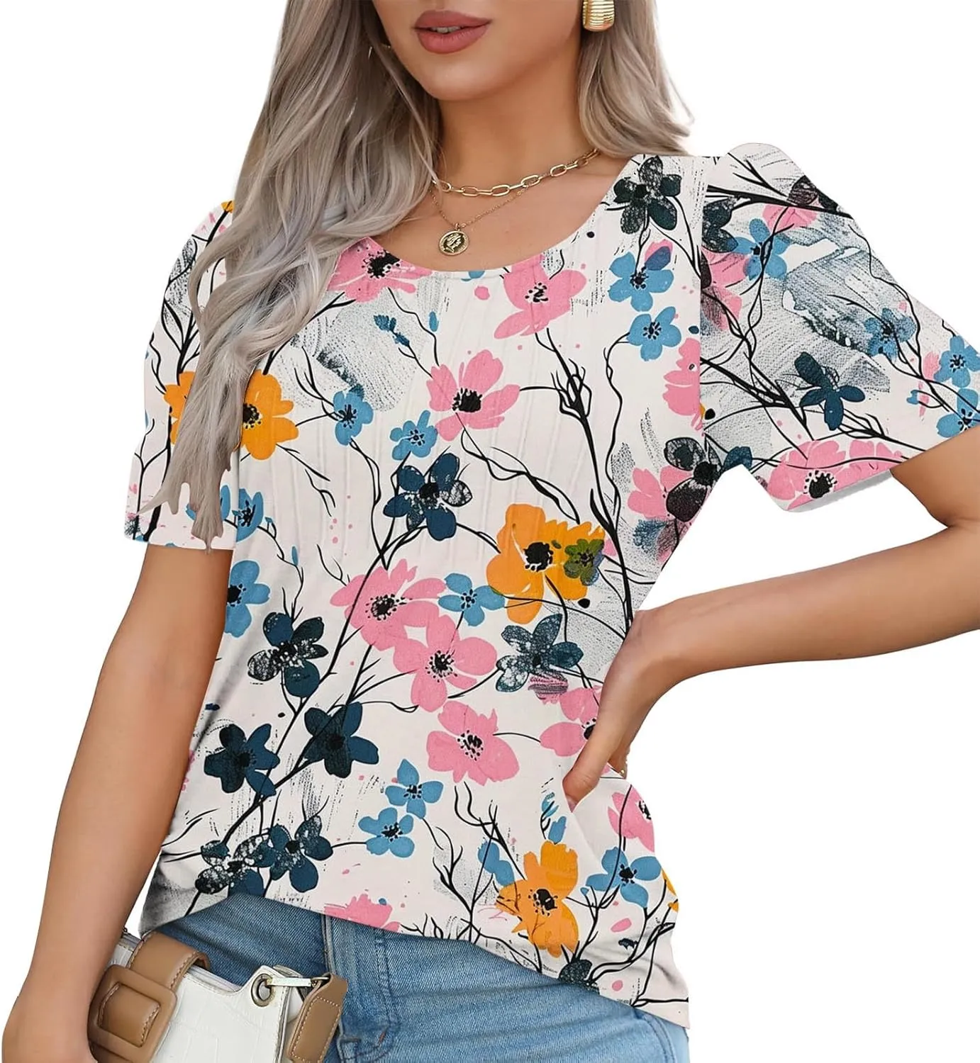 Womens Floral Tops Dressy Casual Pleated Flowy Tunic Tops Plus Size Crew Neck Tops Summer Oversized Shirts Blouse