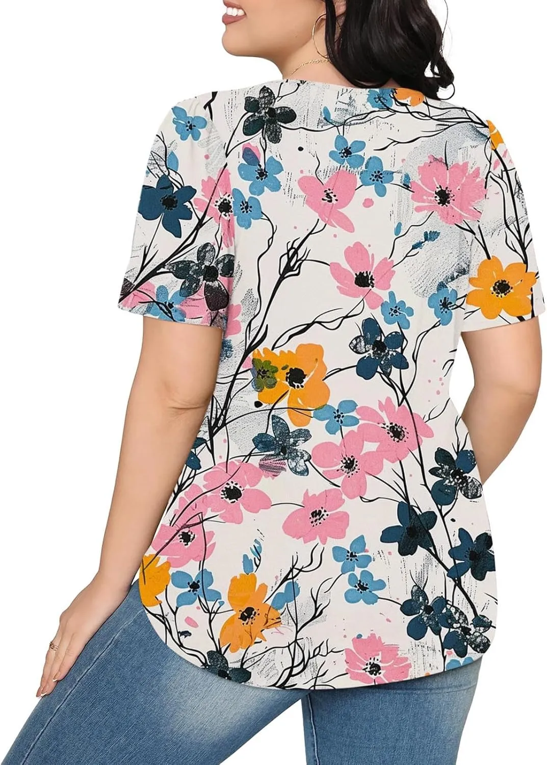 Womens Floral Tops Dressy Casual Pleated Flowy Tunic Tops Plus Size Crew Neck Tops Summer Oversized Shirts Blouse
