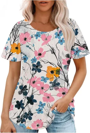Womens Floral Tops Dressy Casual Pleated Flowy Tunic Tops Plus Size Crew Neck Tops Summer Oversized Shirts Blouse