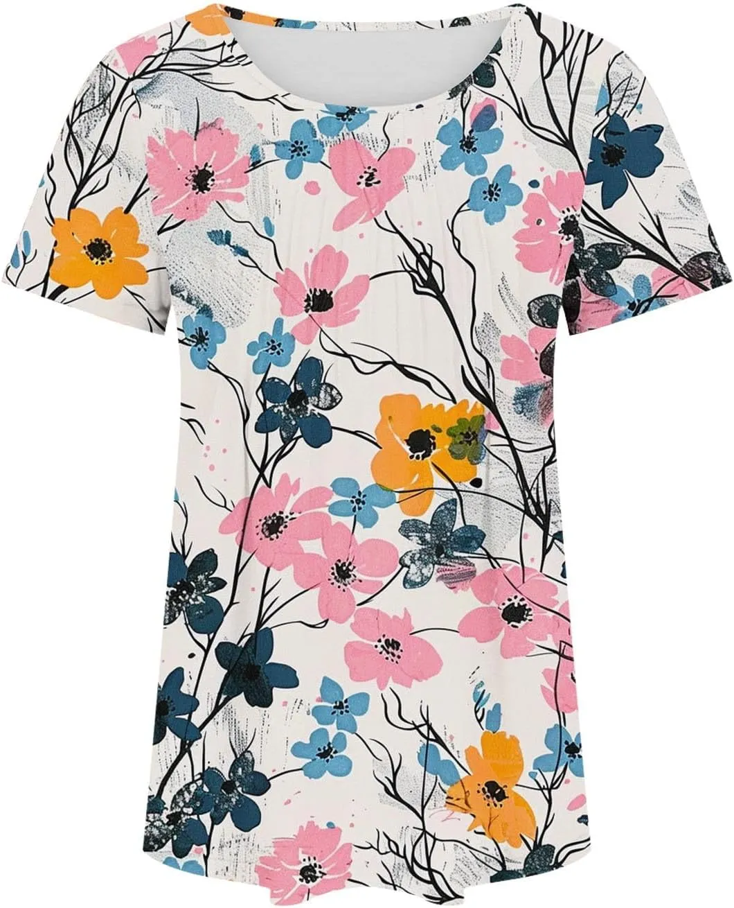 Womens Floral Tops Dressy Casual Pleated Flowy Tunic Tops Plus Size Crew Neck Tops Summer Oversized Shirts Blouse