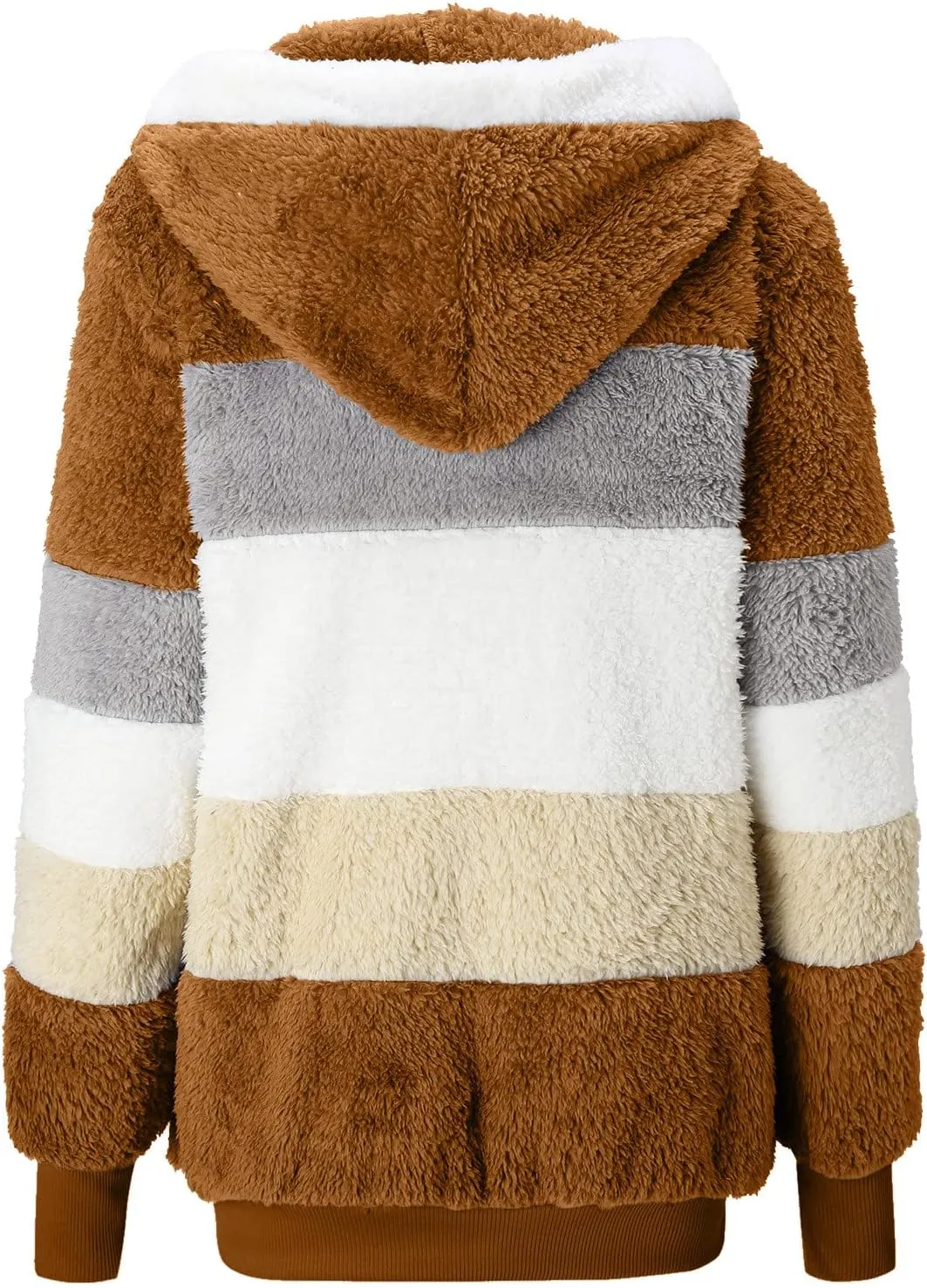 Womens Fuzzy Fleece Jacket Solid Color Artificial Wool Zipper Drawstring Long-Sleeved Hoodie Outerwear with Ladies