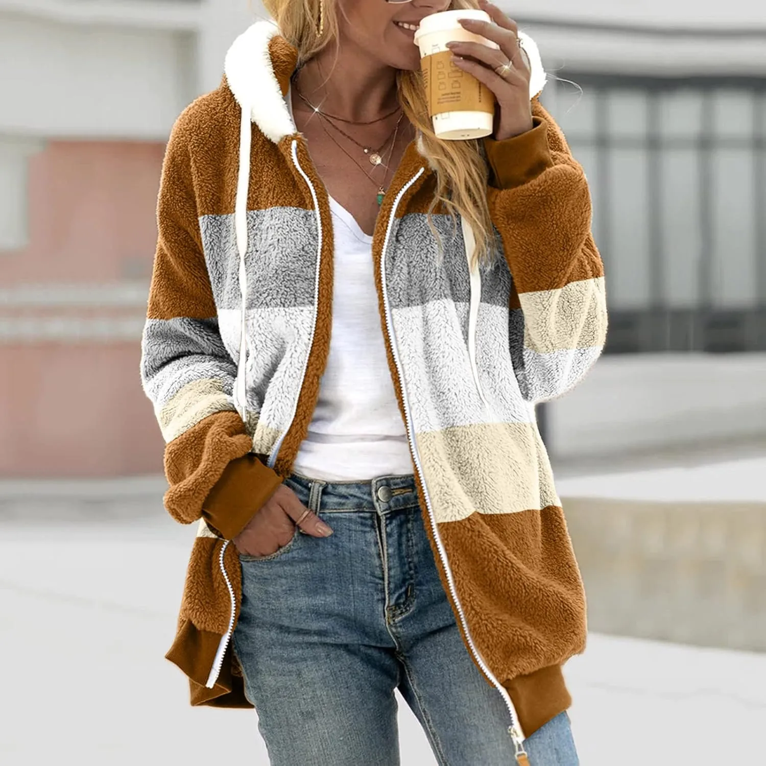 Womens Fuzzy Fleece Jacket Solid Color Artificial Wool Zipper Drawstring Long-Sleeved Hoodie Outerwear with Ladies