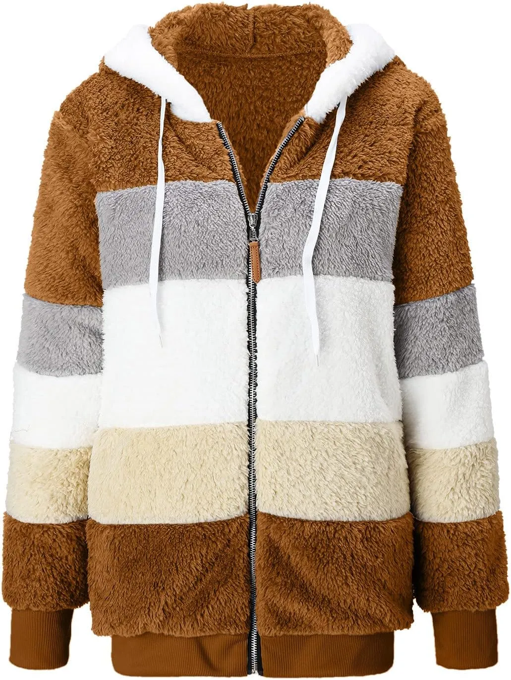 Womens Fuzzy Fleece Jacket Solid Color Artificial Wool Zipper Drawstring Long-Sleeved Hoodie Outerwear with Ladies