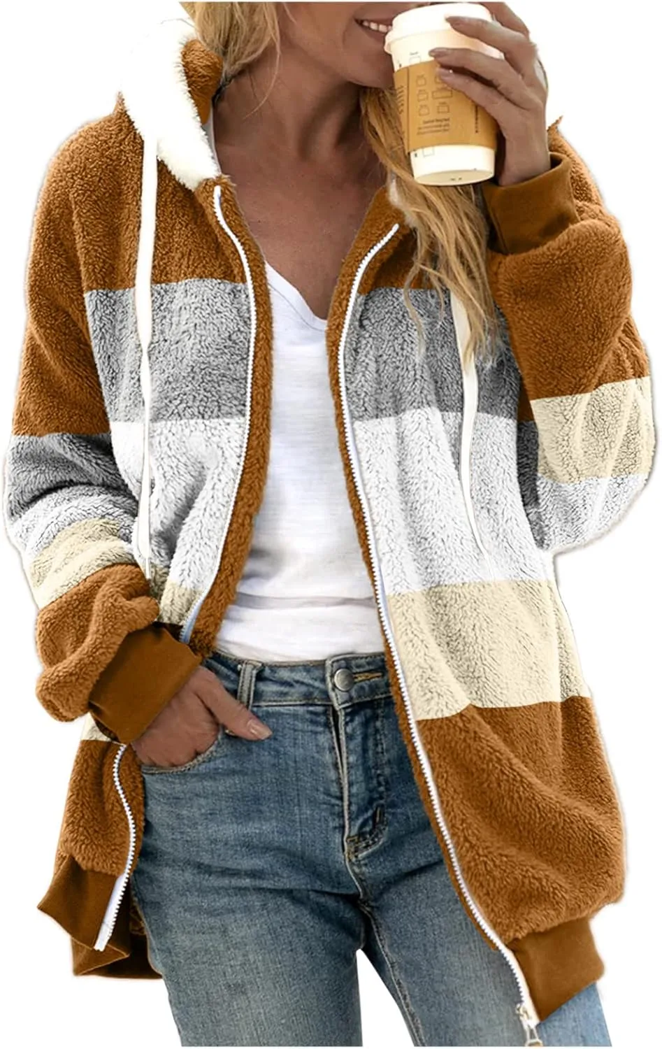 Womens Fuzzy Fleece Jacket Solid Color Artificial Wool Zipper Drawstring Long-Sleeved Hoodie Outerwear with Ladies
