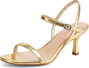 Women's Heels Round Open Toe Strappy Sandals Adjustable Ankle Strap Dress Shoes Kitten Heels for Party Wedding
