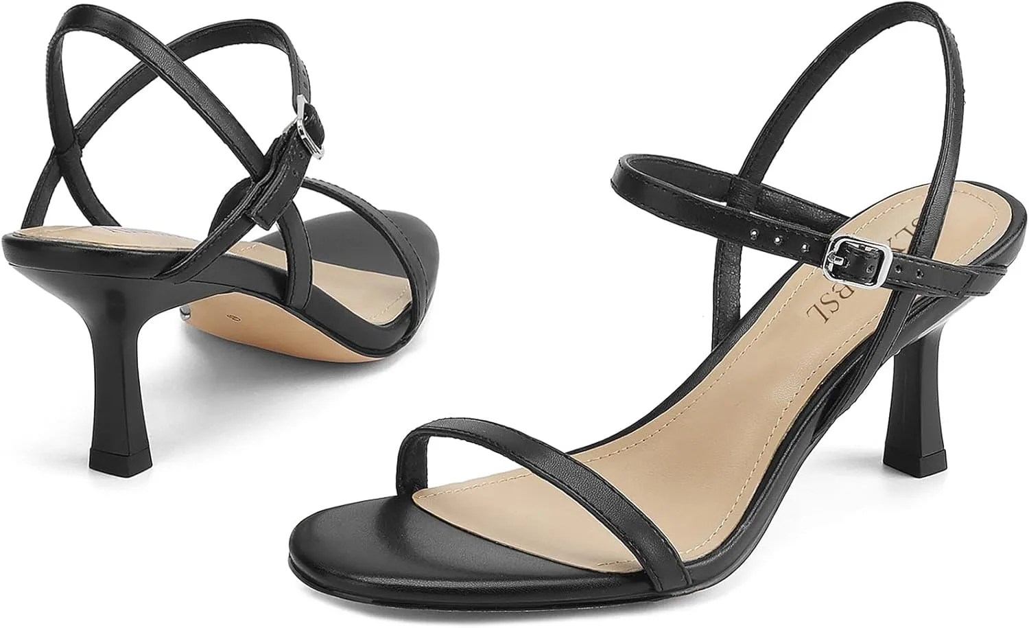 Women's Heels Round Open Toe Strappy Sandals Adjustable Ankle Strap Dress Shoes Kitten Heels for Party Wedding