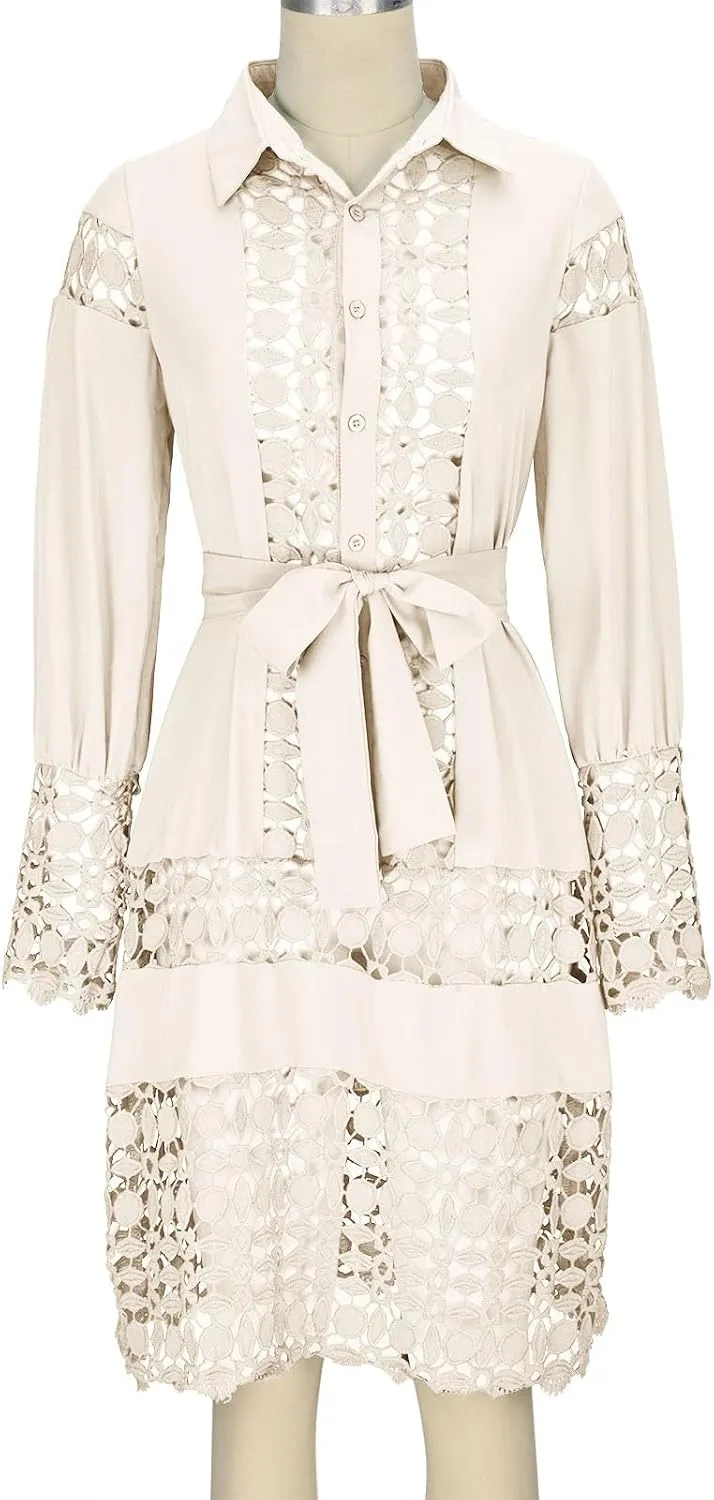 Women's Lace Dresses Summer Loose Fit Long Sleeve Shirt Dress Hollow Out Floral Layered Ruffle Pleated Mini Dress