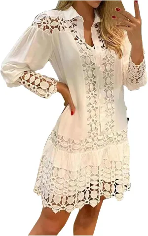 Women's Lace Dresses Summer Loose Fit Long Sleeve Shirt Dress Hollow Out Floral Layered Ruffle Pleated Mini Dress
