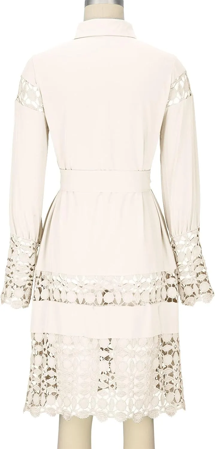 Women's Lace Dresses Summer Loose Fit Long Sleeve Shirt Dress Hollow Out Floral Layered Ruffle Pleated Mini Dress