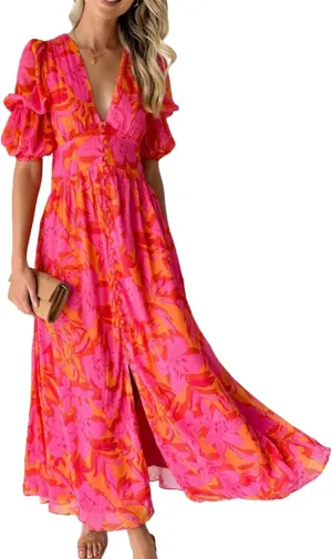 Womens Maxi Dress Short Sleeve V-Neck Floral Print Split Hem Vivid Stylish 2025 Spring Summer Beach Party Dress