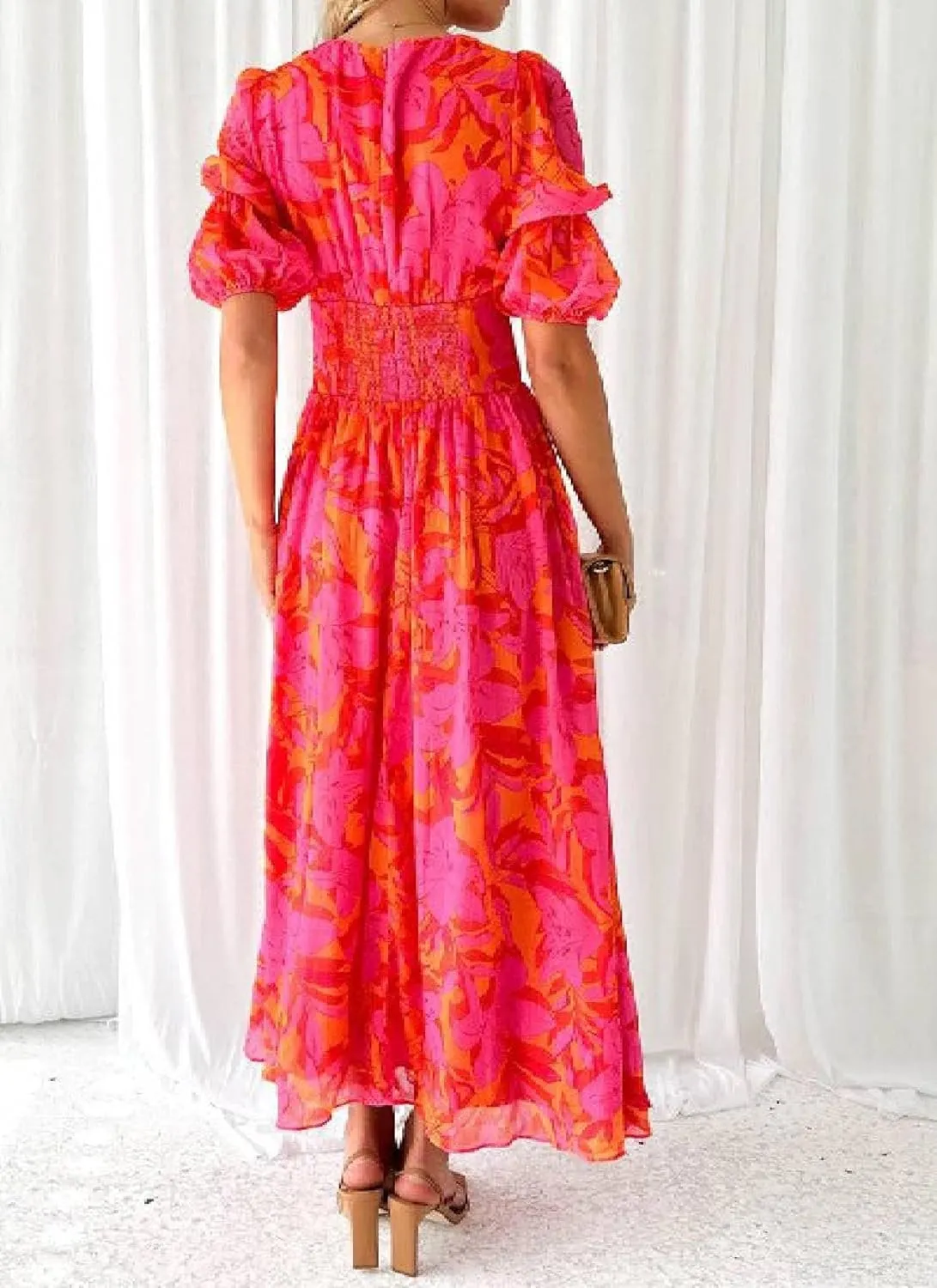 Womens Maxi Dress Short Sleeve V-Neck Floral Print Split Hem Vivid Stylish 2025 Spring Summer Beach Party Dress