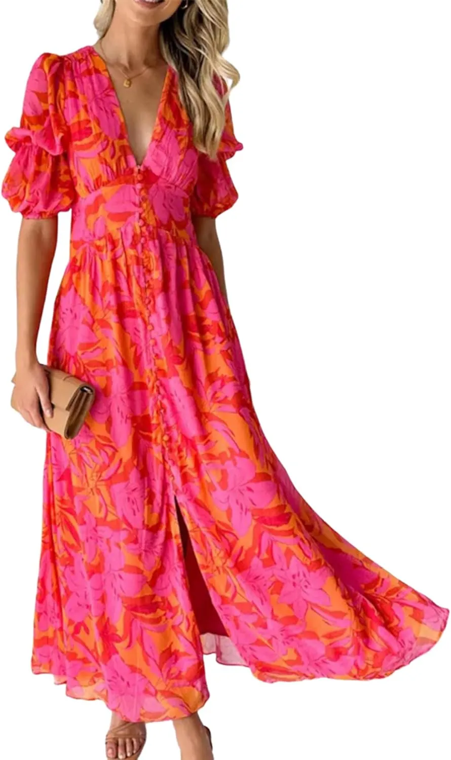 Womens Maxi Dress Short Sleeve V-Neck Floral Print Split Hem Vivid Stylish 2025 Spring Summer Beach Party Dress